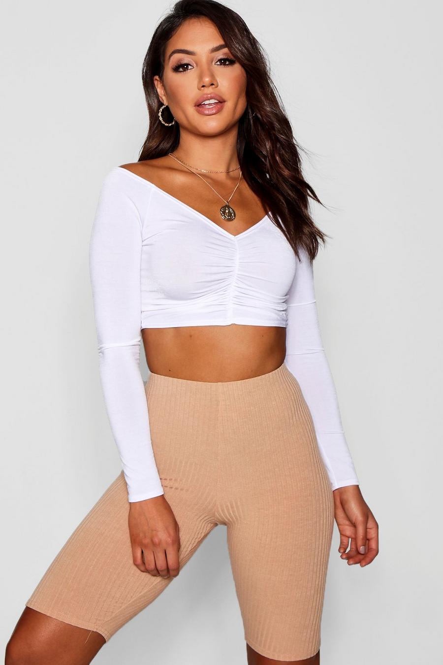 White Slinky Ruched Front Long Sleeve Crop image number 1