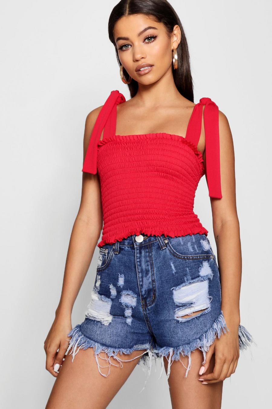 Red Shirred Tie Straps Tube Top image number 1