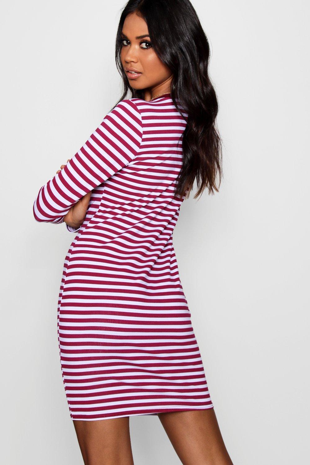 Striped long clearance sleeve bodycon dress