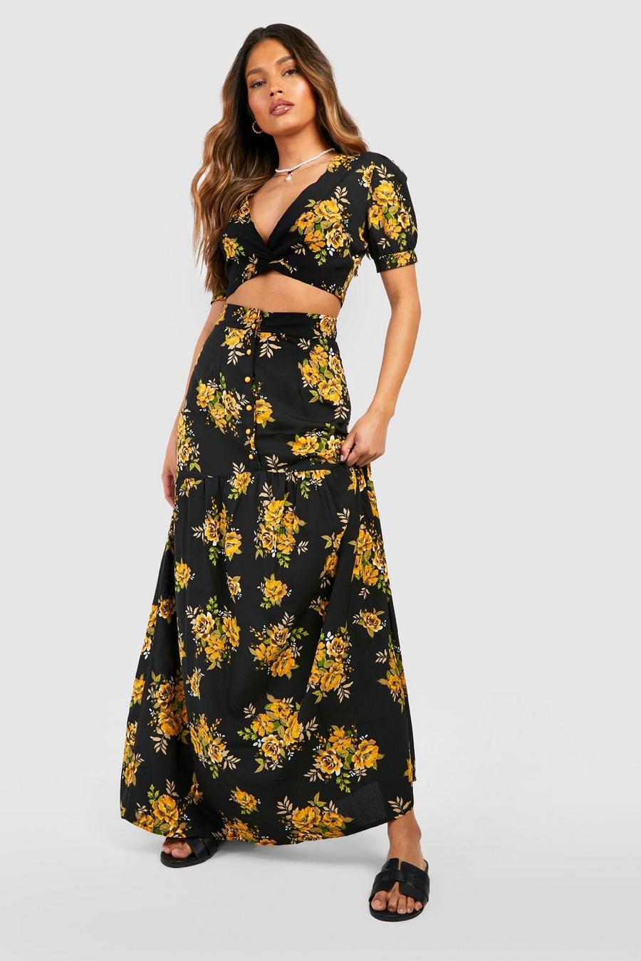Black Floral Puff Sleeve Crop & Maxi Skirt