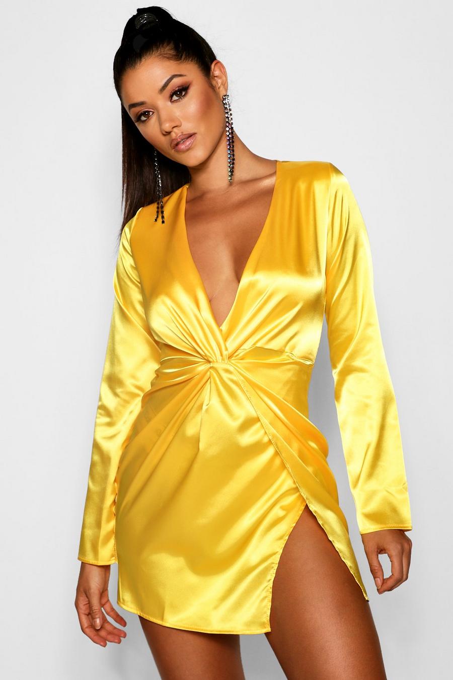 Yellow Satin Twist Front Wrap Dress image number 1