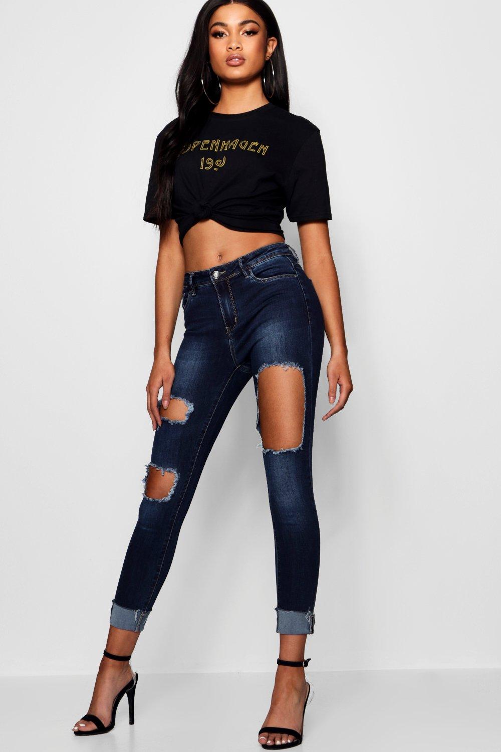 high waisted ripped ankle jeans