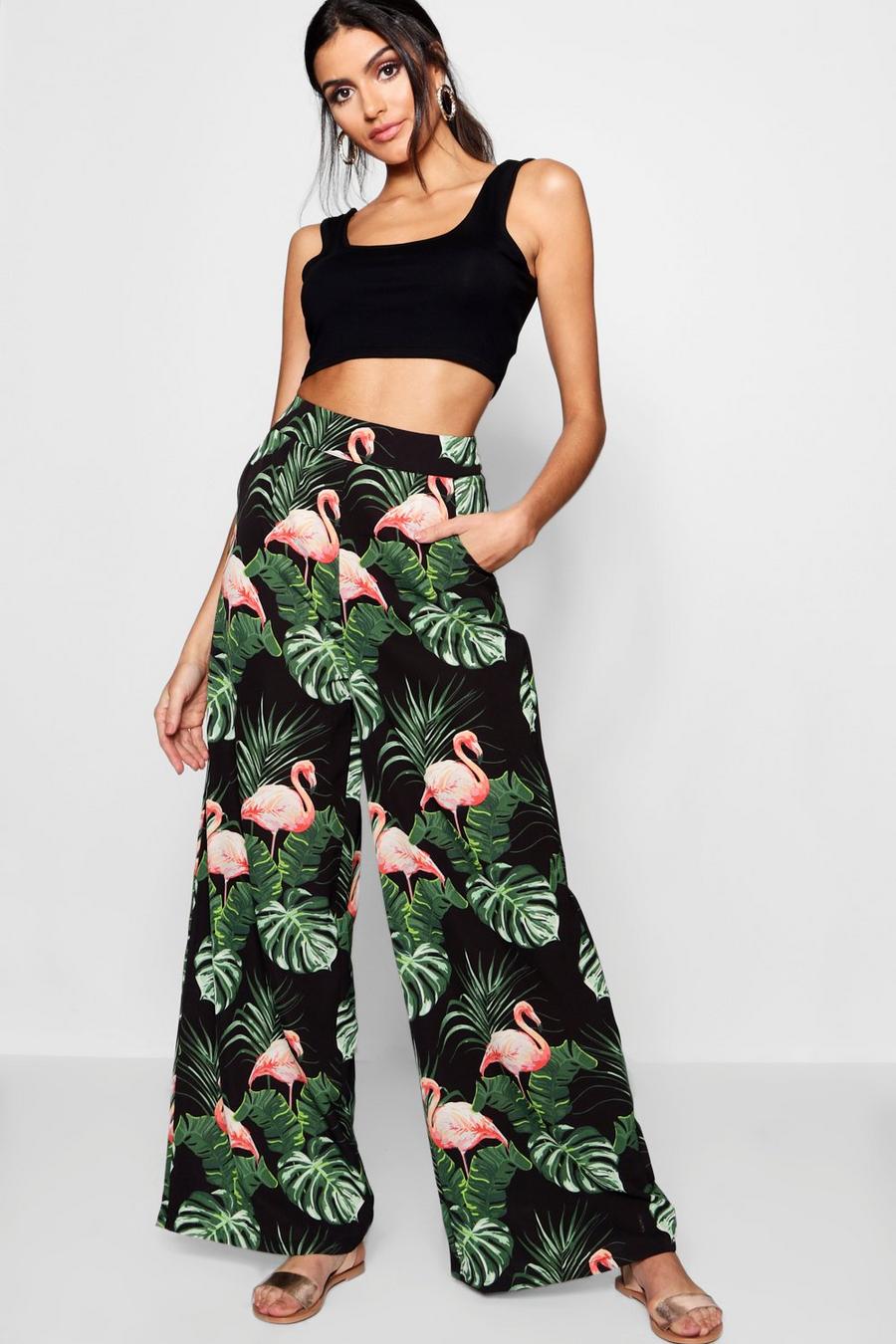Black Woven Flamingo Print Wide Leg Trousers image number 1