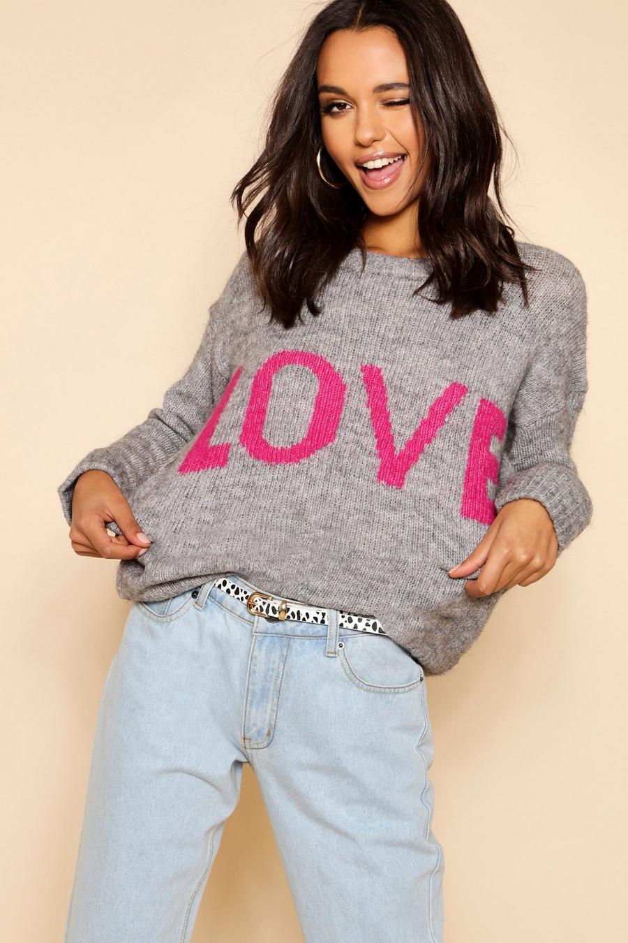 Locker geschnittener Love-Pullover, Grau image number 1
