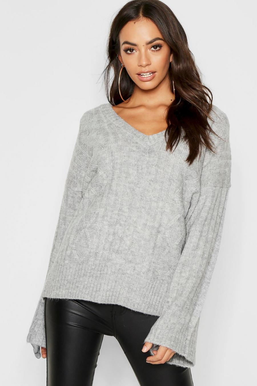 Grey Loose Fit V Neck Cable Sweater image number 1