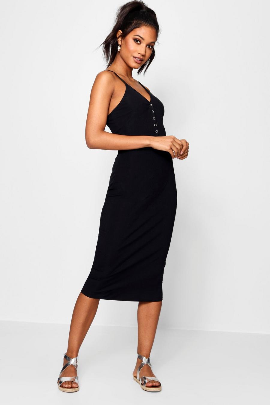 Black Popper Detail Rib Cami Midi Dress