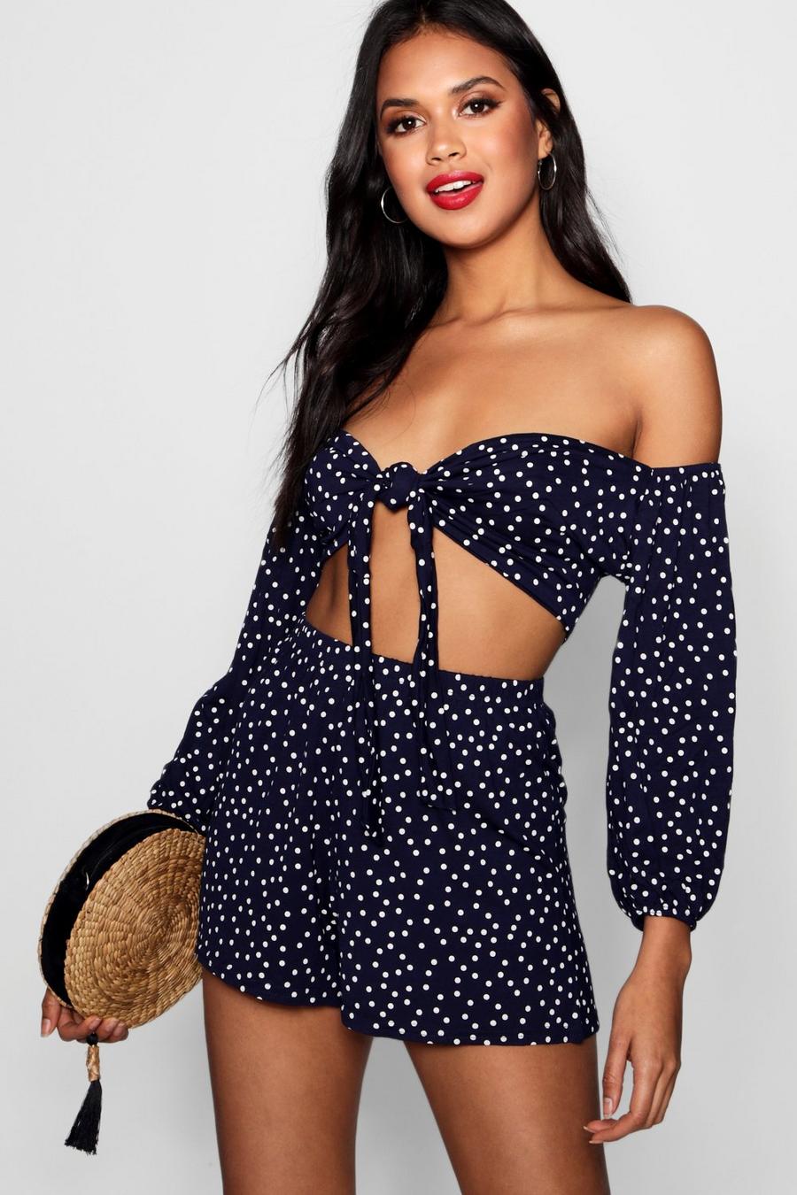 Navy Polka Dot Tie Front Shorts Two-Piece Set image number 1