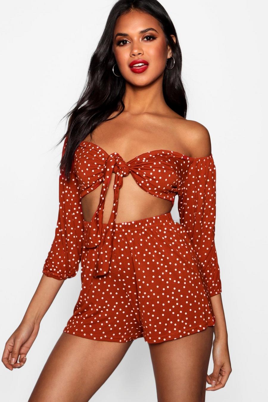 Terracotta Polka Dot Tie Front Shorts Co-ord Set image number 1