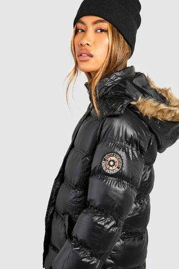 Black High Shine Hooded Padded Coat With Faux Fur Trim