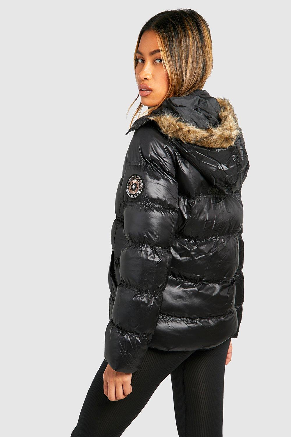 WOMENS LADIES QUILTED BADGE PUFFER FUR HOODED BOMBER JACKET PADDED WINTER COAT 