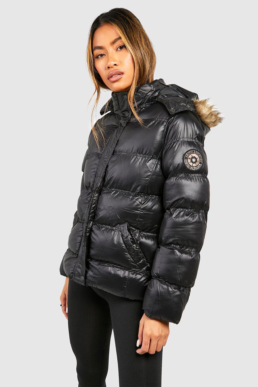 Black faux fur trim high shine puffer clearance jacket