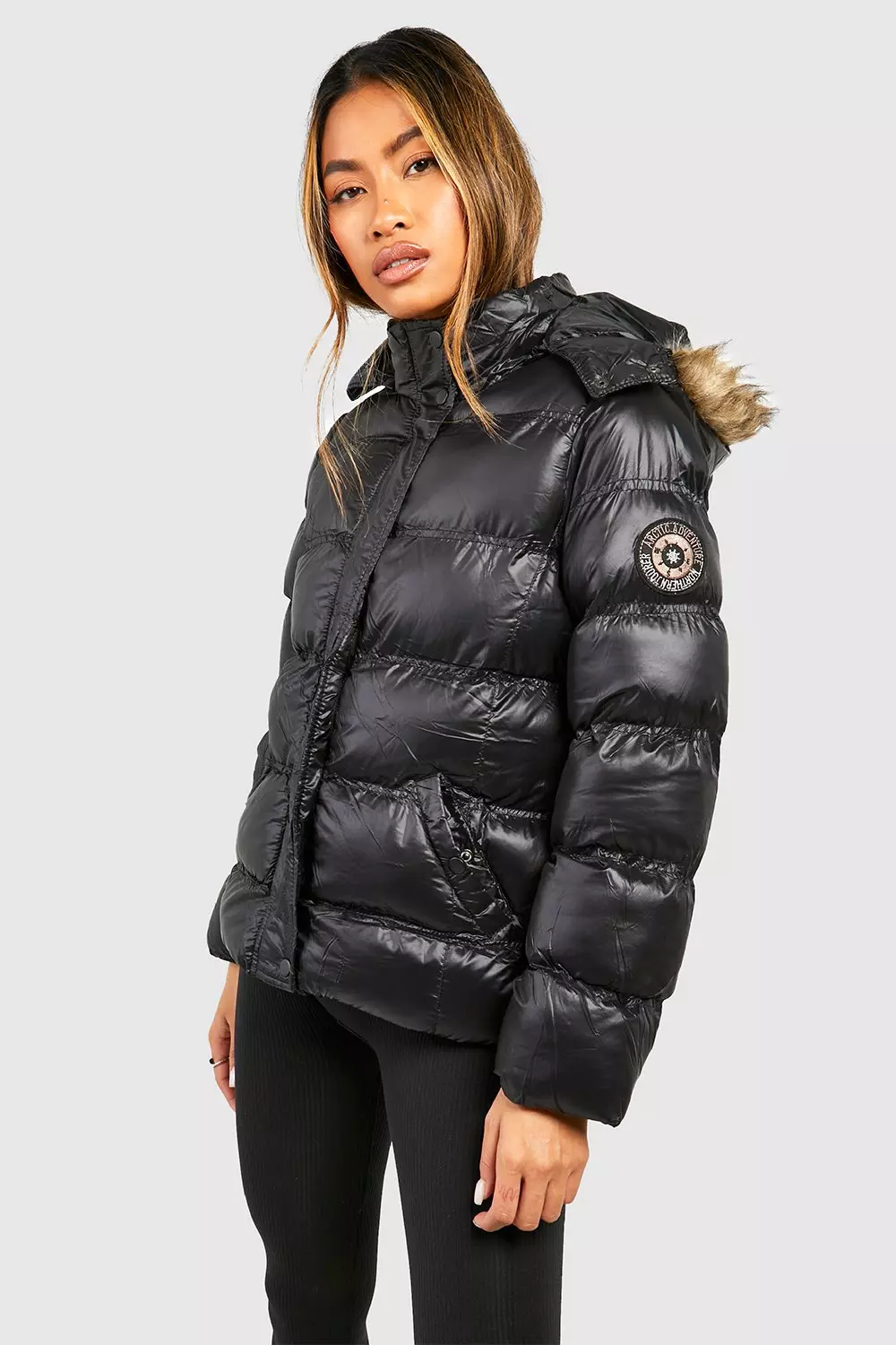 High shine hooded padded cheap coat with faux fur trim