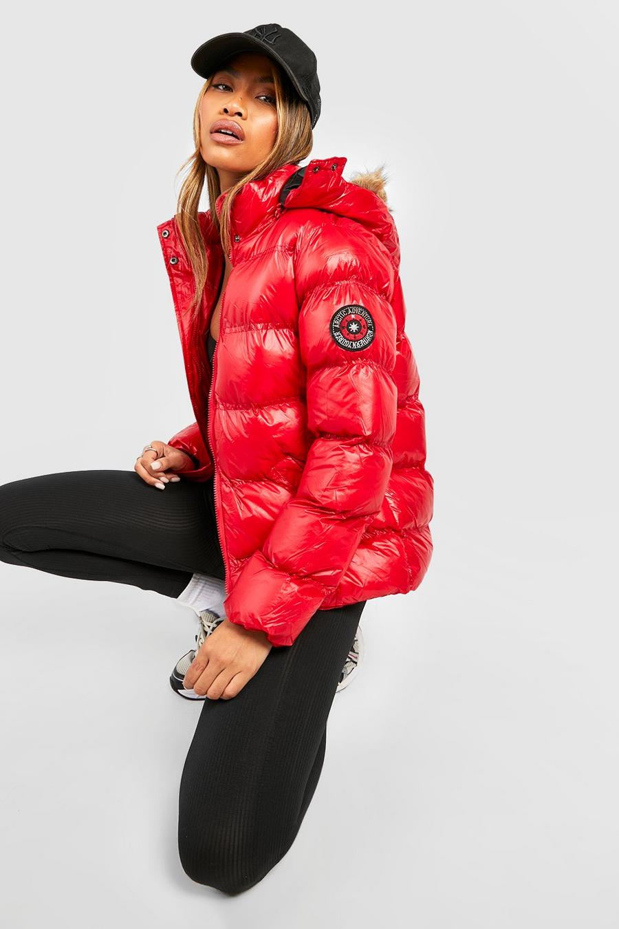 Red High Shine Hooded Padded Coat With Faux Fur Trim image number 1