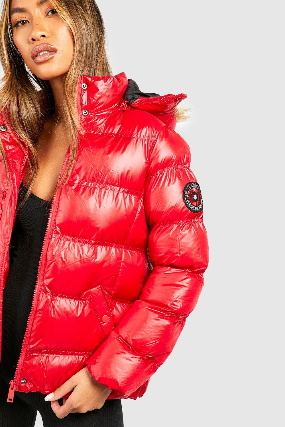 High shine puffer jacket best sale with faux fur hood