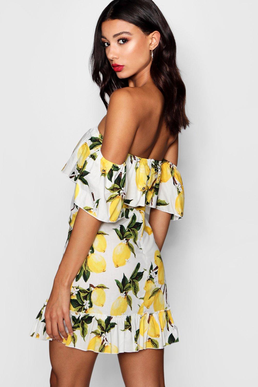 Off The Shoulder Lemon Print Shift Dress