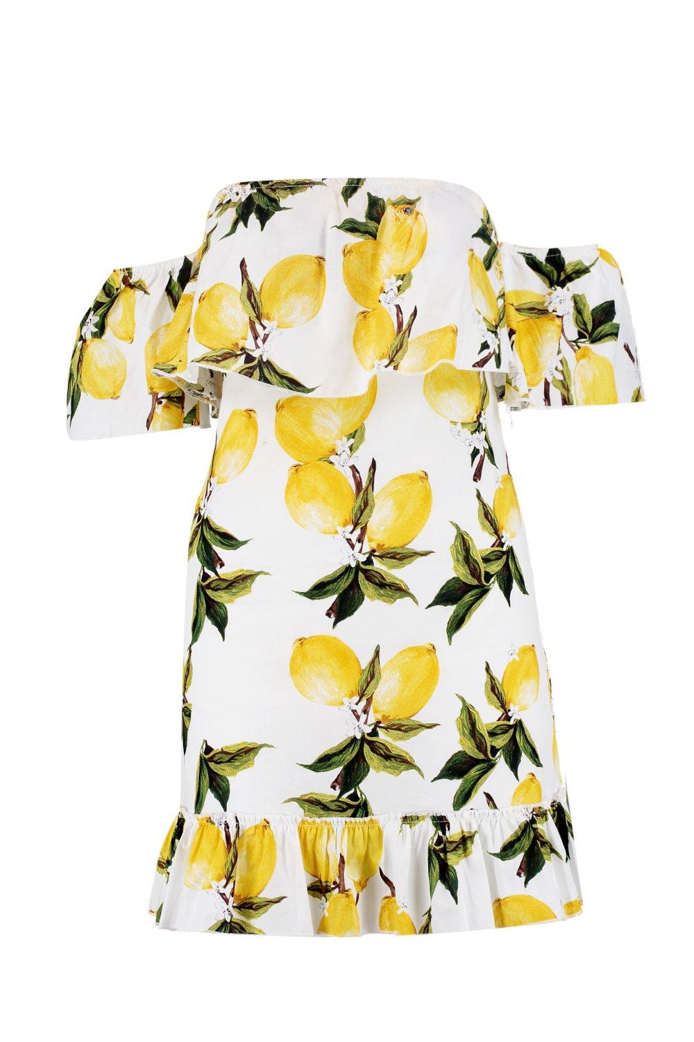 Off The Shoulder Lemon Print Shift Dress boohoo UK