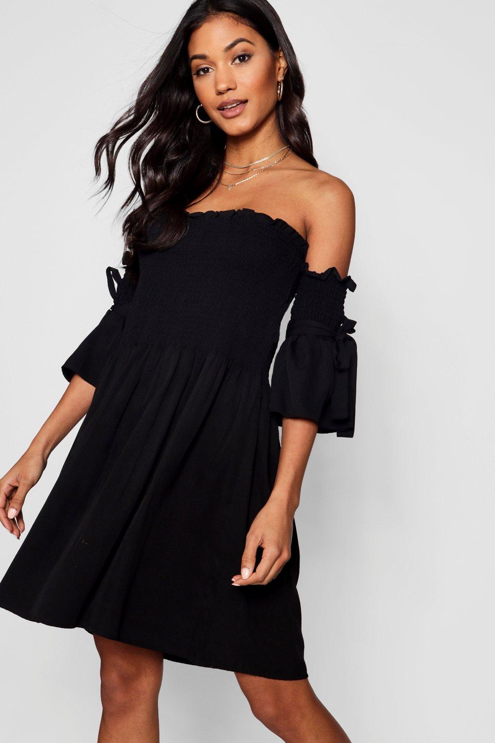 black shirred bardot dress