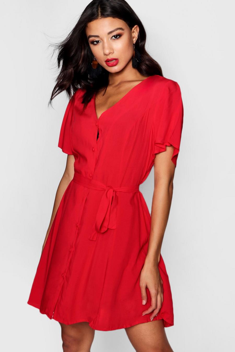 Sommerkleid aus Webmaterial mit Flatterärmeln, Rot image number 1
