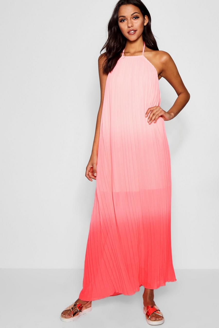 Coral Ombre Pleated Floor Sweeping Maxi Dress image number 1