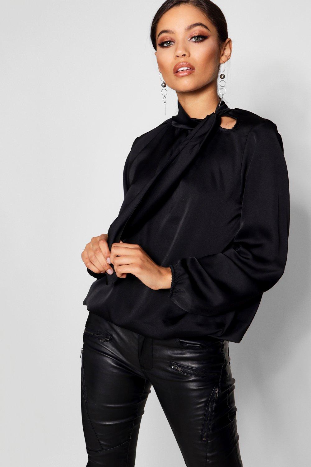 black satin blouse with bow