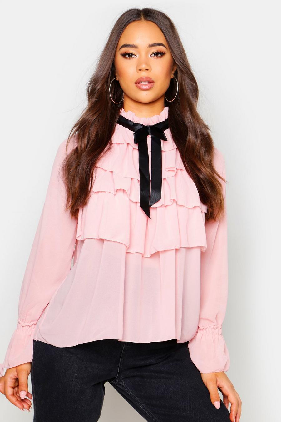 Blush pink Ruffle Front Full Sleeve Blouse