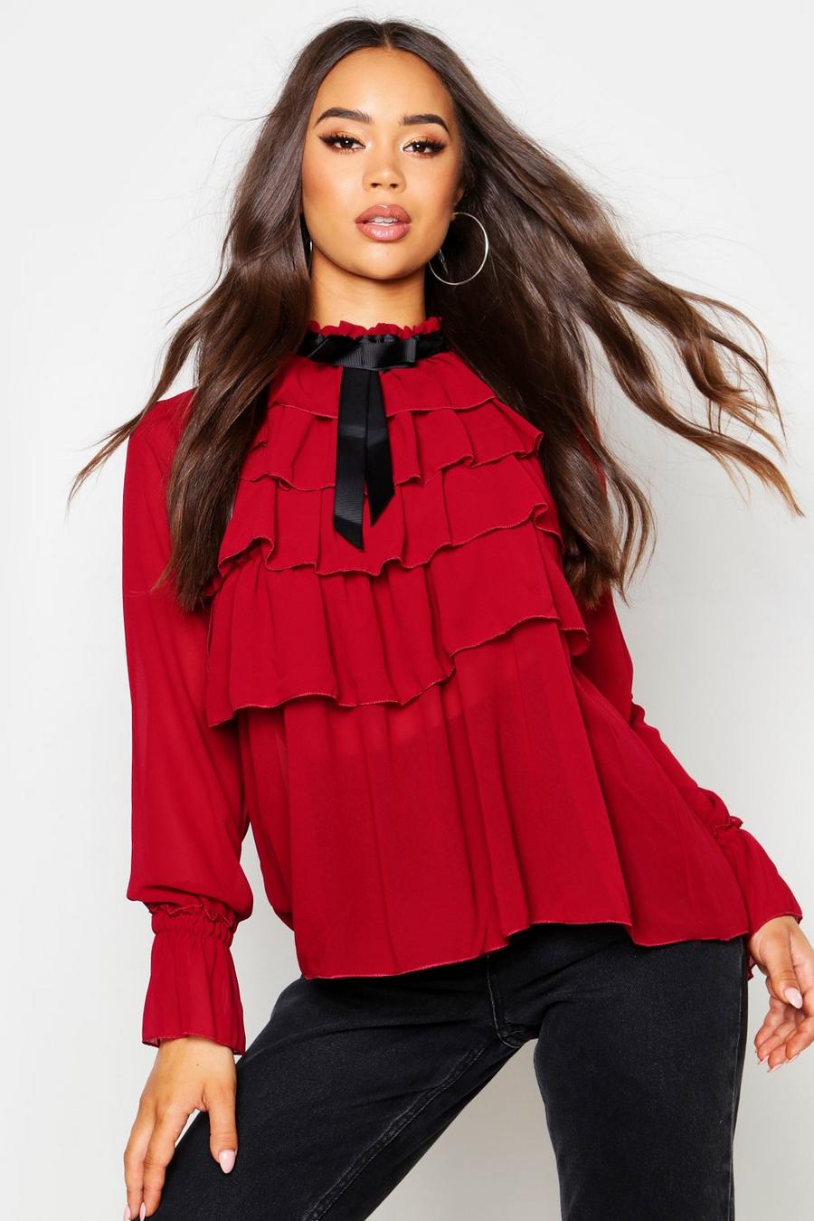 Burgundy Ruffle Front Full Sleeve Blouse image number 1