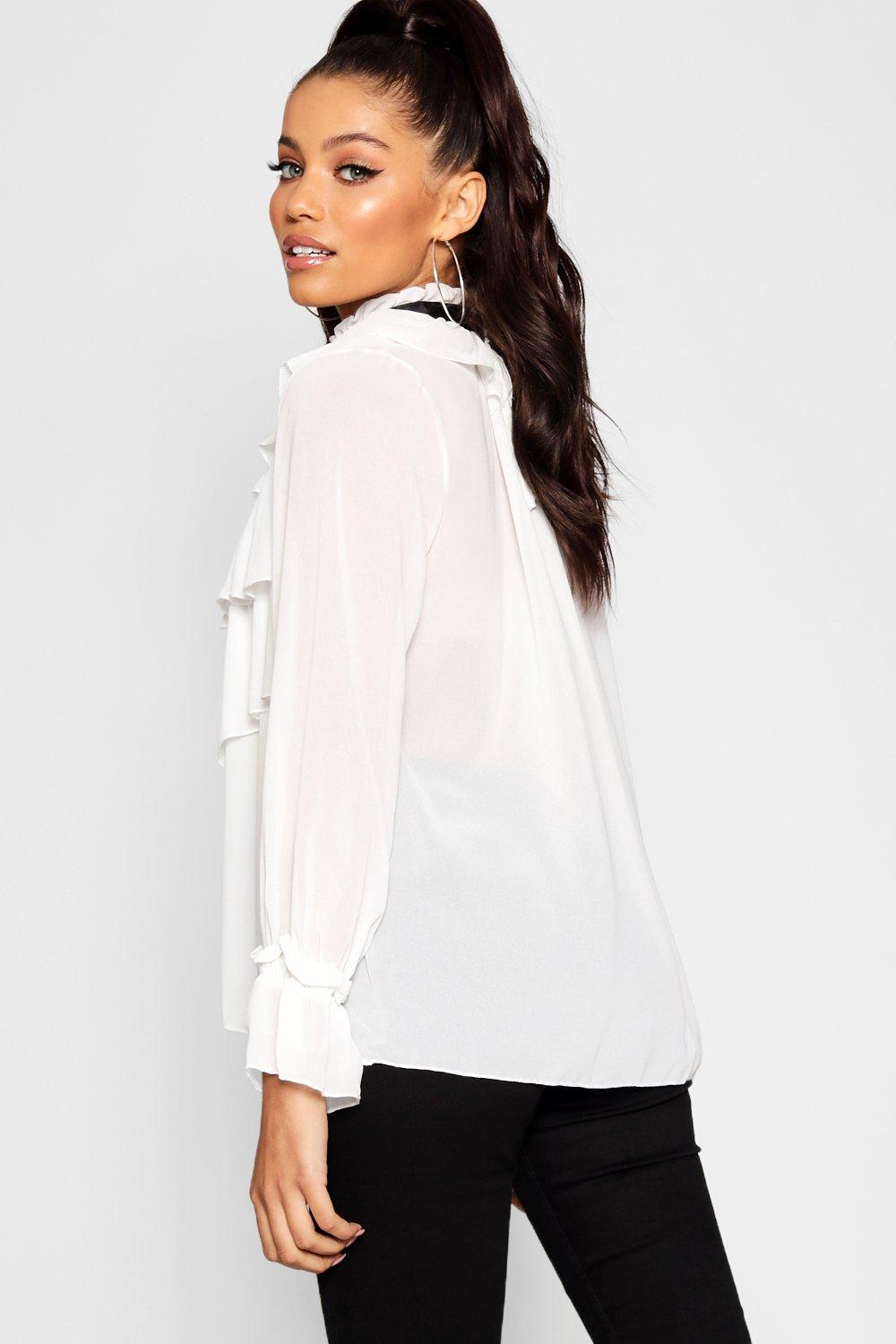 White ruffle best sale blouse boohoo