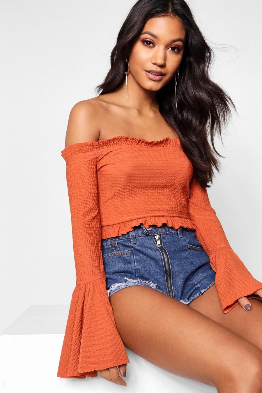 Rust Shirred Flare Sleeve Crop Top image number 1