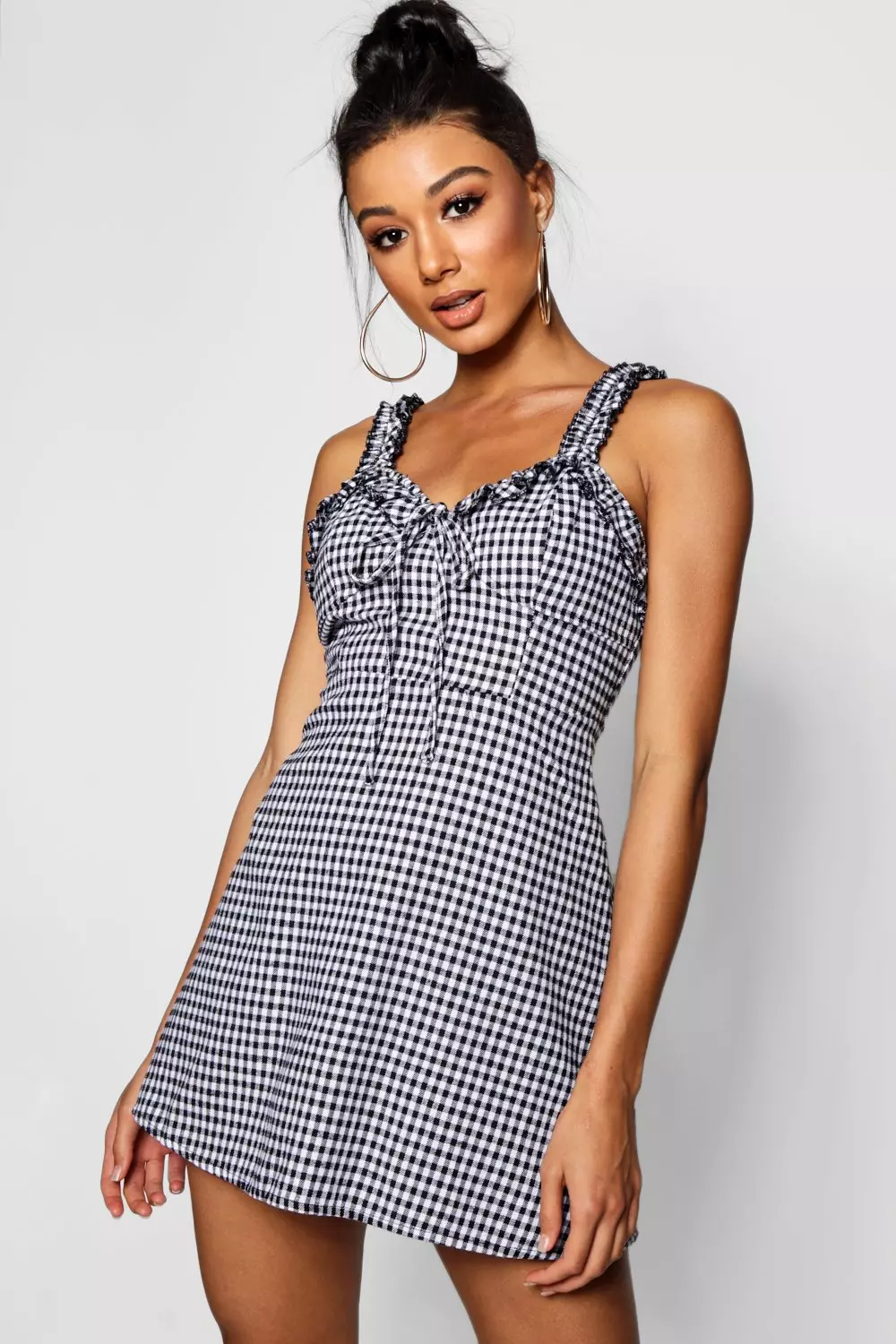 Ruffle shoulder on sale gingham mini dress