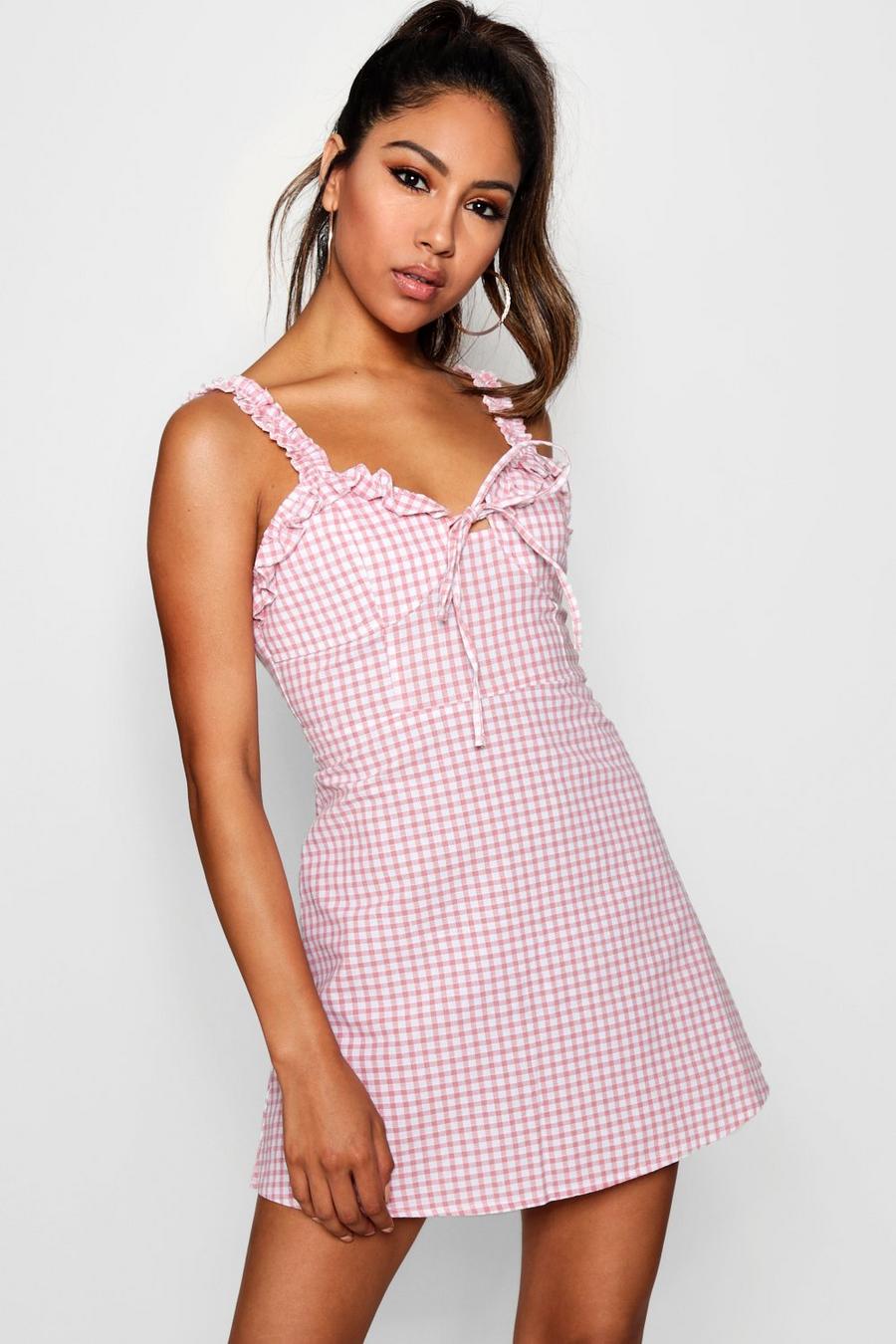 Pink Rutig miniklänning med volangärm image number 1