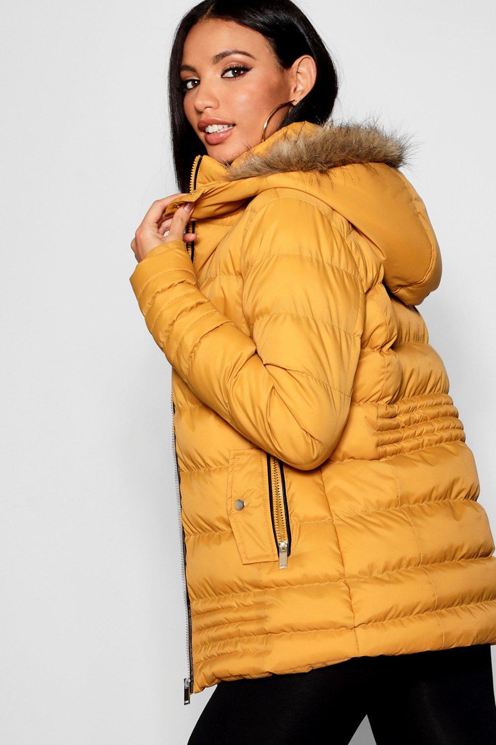 Mustard faux fur cheap trim hooded puffer jacket