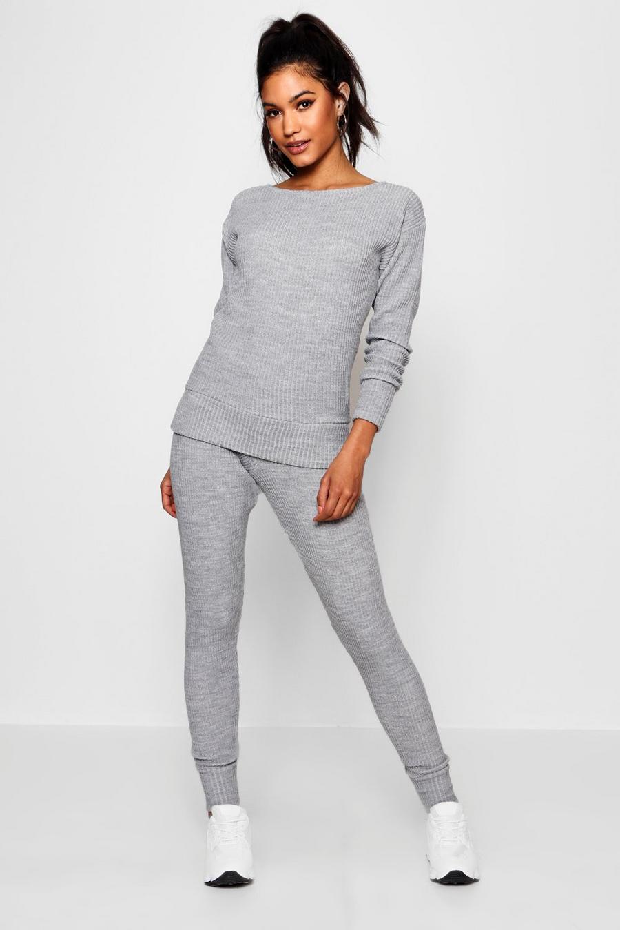 Grey Boat Neck Knitted Loungewear Set image number 1