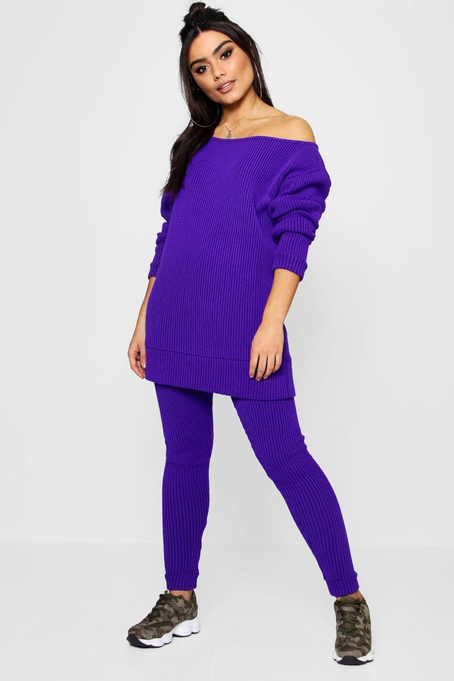 Purple Slash Neck Knitted Loungewear Set image number 1