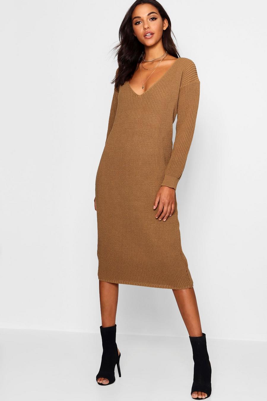 Übergroßes Pullover-Kleid in Midilänge mit V-Ausschnitt, Kamelhaarfarben image number 1