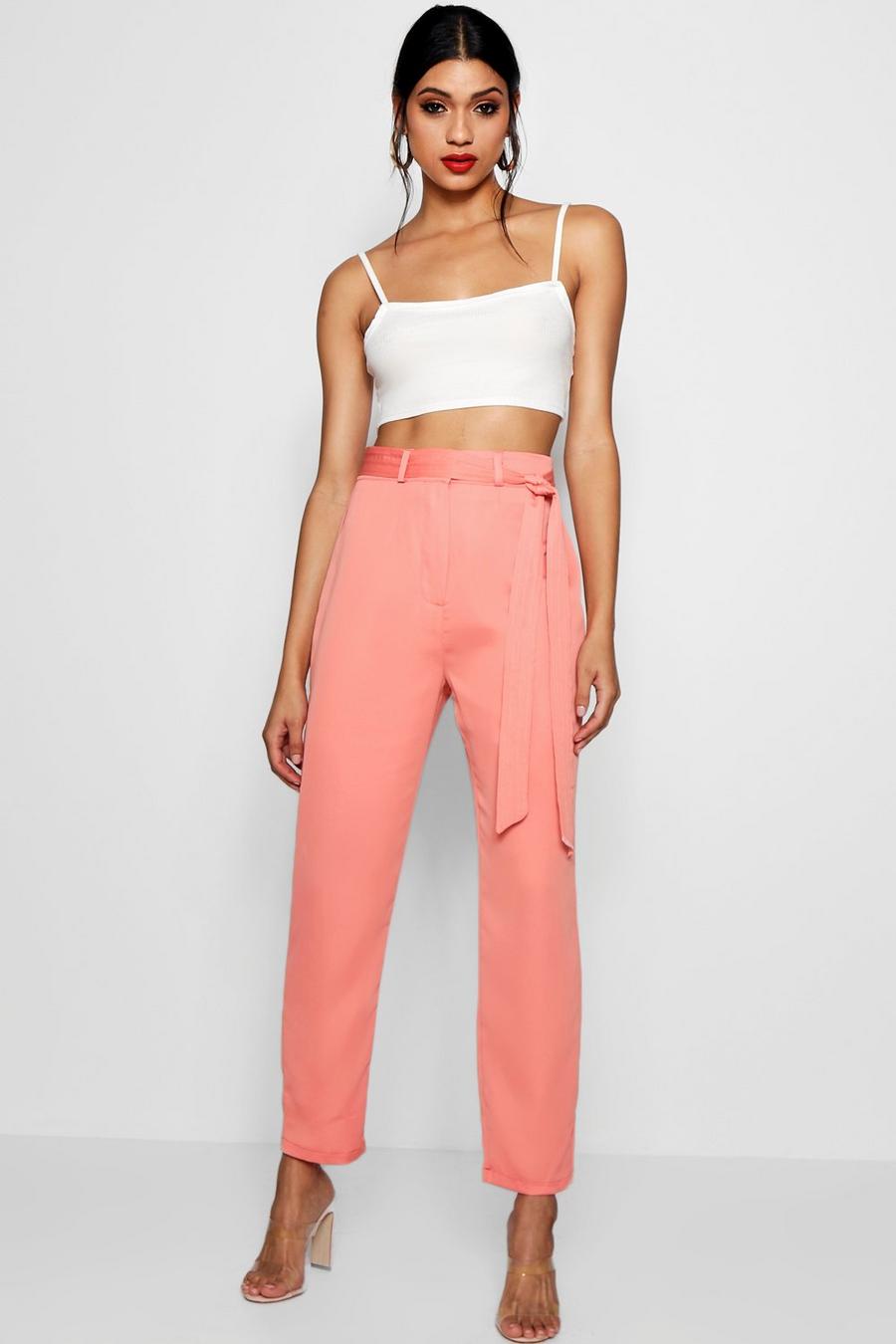 Coral blush Tie Waist Woven Satin Slimline Trousers image number 1