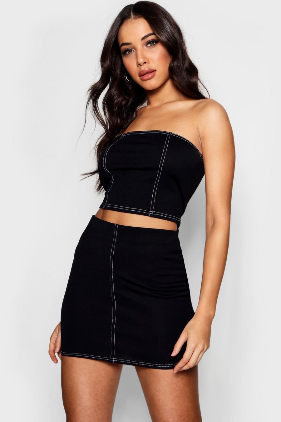 Black nero Contrast Stitch Top and Skirt Co-ord image number 1