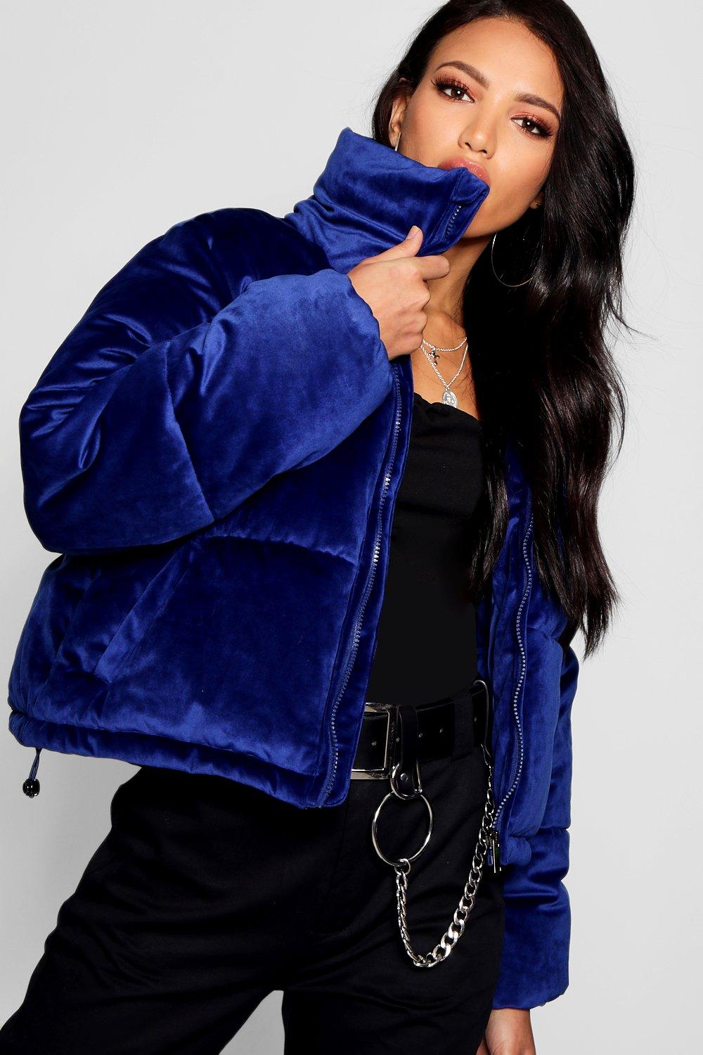 blue velvet puffer coat