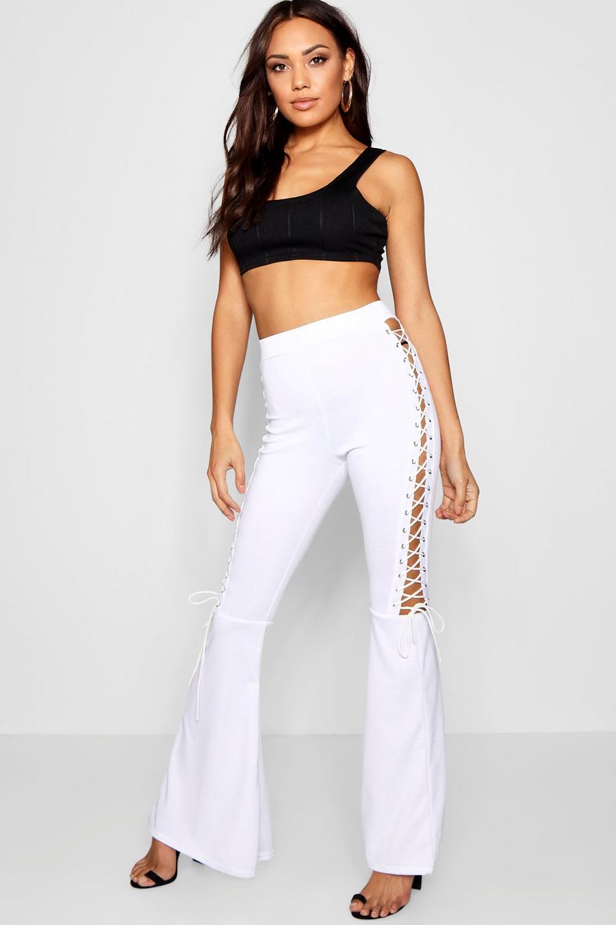 Ivory Lace Up Side Flared Trousers image number 1