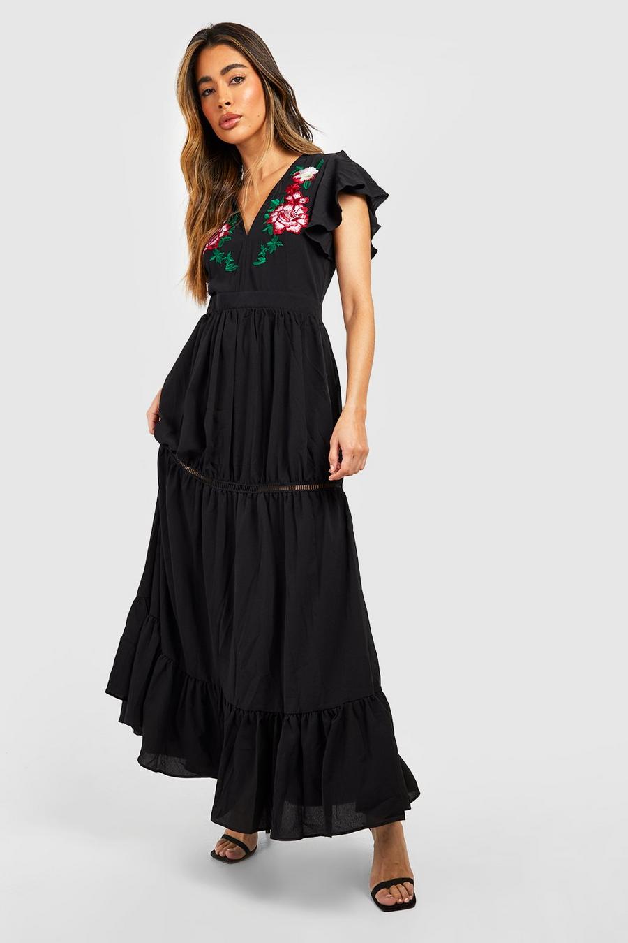 Black Embroidered Ruffle Hem Maxi Dress