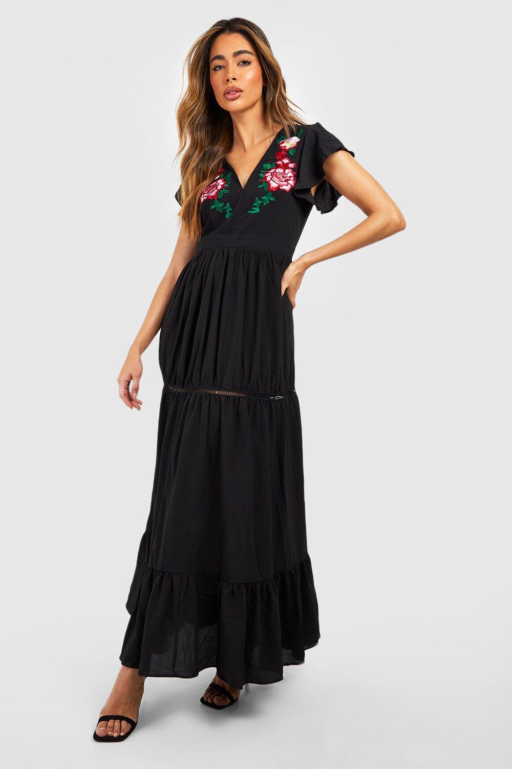 Boohoo black 2024 embroidered dress