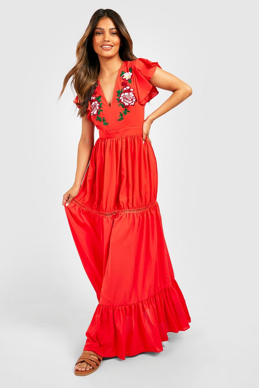 Coral pink Embroidered Ruffle Hem Maxi Dress