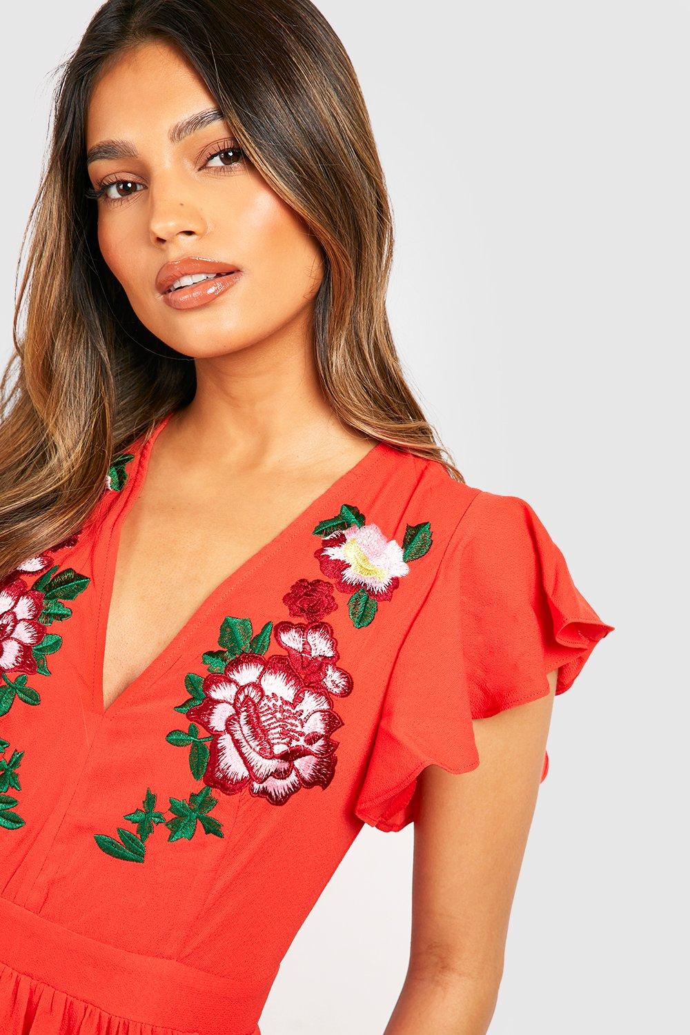 Embroidered Ruffle Hem Maxi Dress