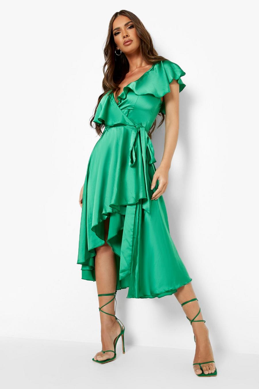 Green verde Satin Ruffle Wrap Detail Skater Dress