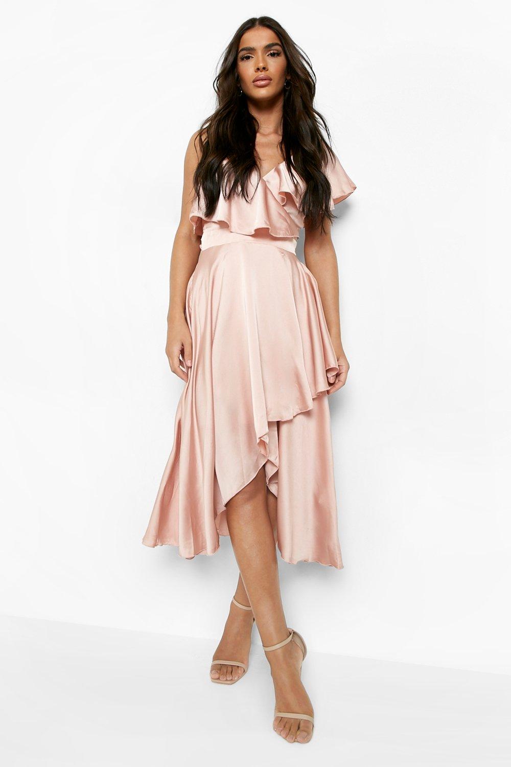 Women's Satin Ruffle Wrap Detail Skater Dress