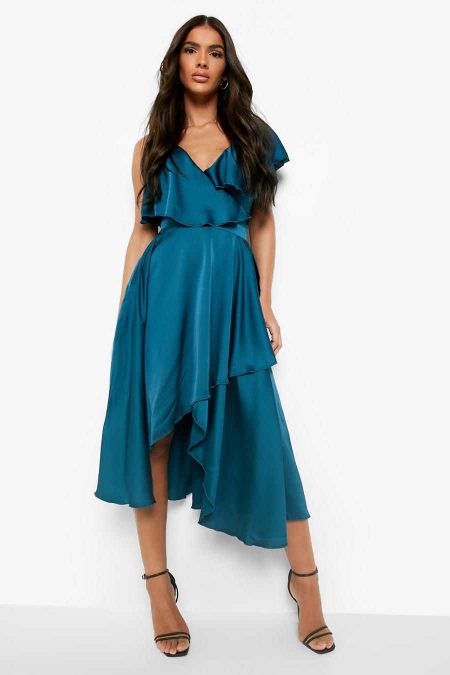 Teal Satin Ruffle Wrap Detail Skater Dress