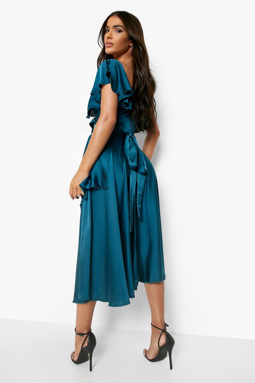 Satin Ruffle Wrap Detail Skater Dress boohoo