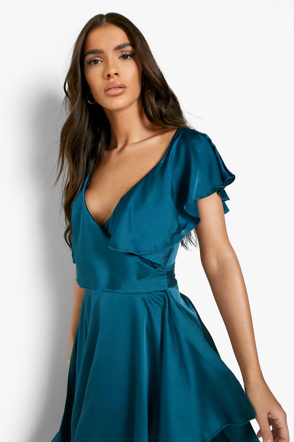 Satin Ruffle Wrap Detail Skater Dress