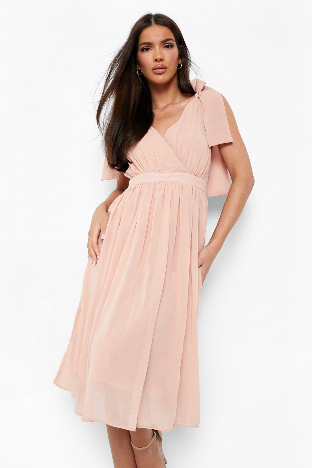 chiffon pleated back midi skater dress