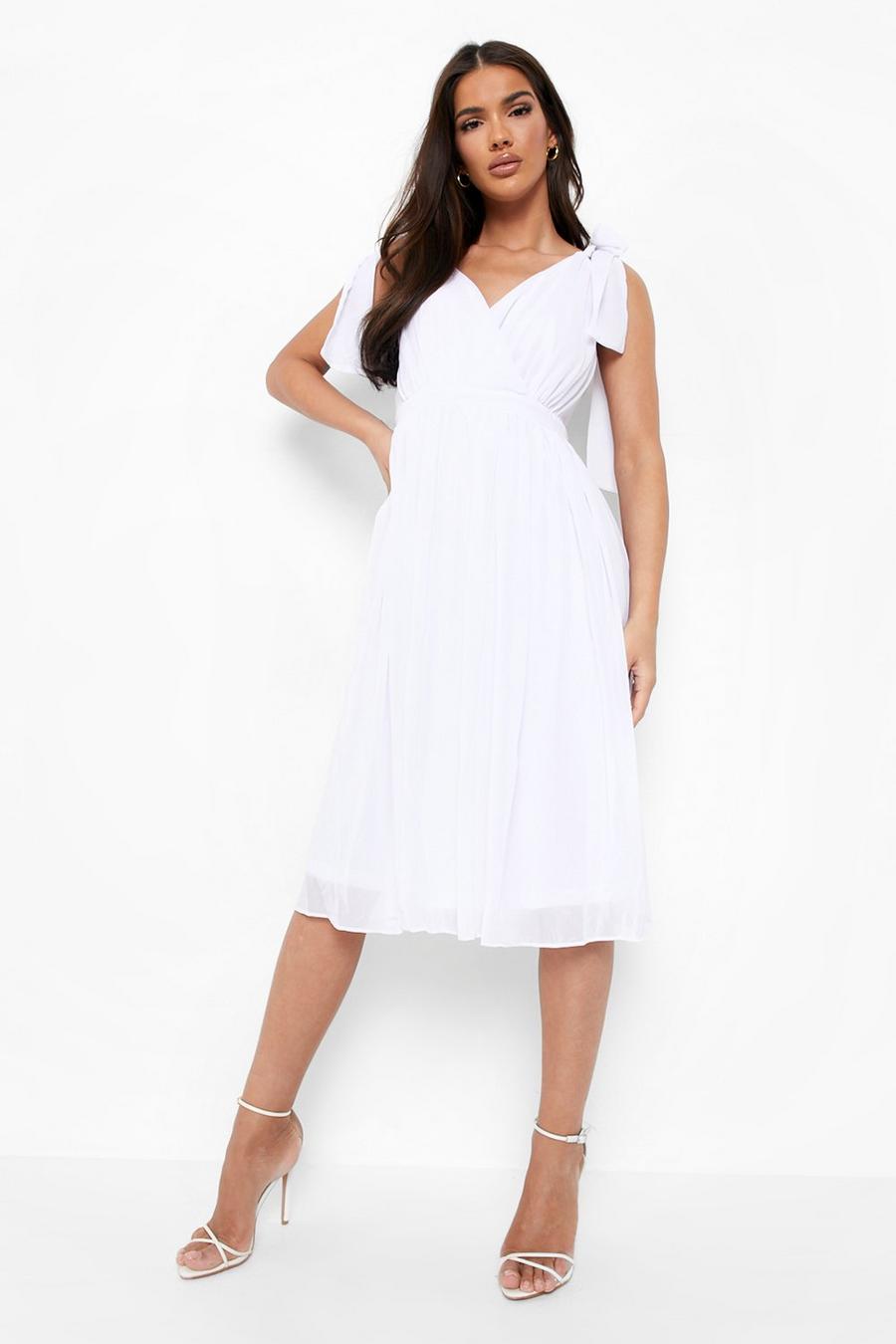 Ivory Chiffon Pleated Midi Skater Bridesmaid Dress image number 1