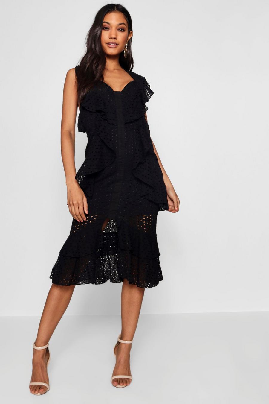 Black Faye Anglais Ruffle Detail Midi Dress image number 1